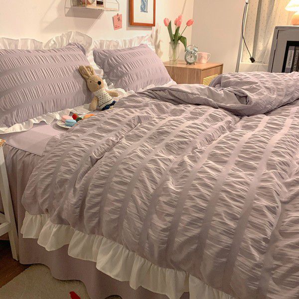 [Factory store] Xiaohongshu.com red water washing seersucker purple 1.5 bed sheet skirt solid color quilt cover 1.8 one hair 