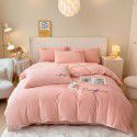 Solid Light Luxury Embroidery Milk Fleece Four Piece Set Double Combination Thickened Coral Fleece Duvet Cover Autumn and Winter Golden Mink Fleece Flat Sheet Fitted Sheet 