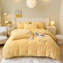 Solid Light Luxury Embroidery Milk Fleece Four Piece Set Double Combination Thickened Coral Fleece Duvet Cover Autumn and Winter Golden Mink Fleece Flat Sheet Fitted Sheet 