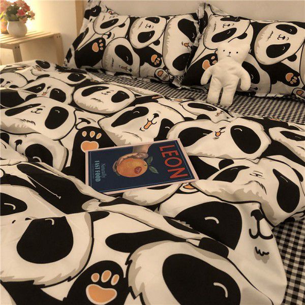 Nordic Black and White Panda Cow Cartoon 4-Piece Duvet Cover Bedding Sheet 3-Piece Dormitory 