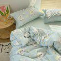 Ins style pure cotton four piece set, all cotton cartoon small fresh bed sheet, fitted sheet, quilt cover, nude sleep, color contrast 