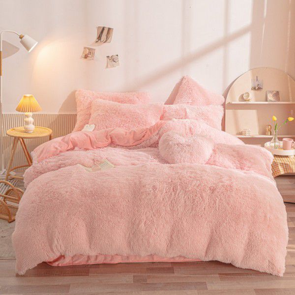 Mink four piece warm and comfortable princess style long plush three piece solid color bed sheet 