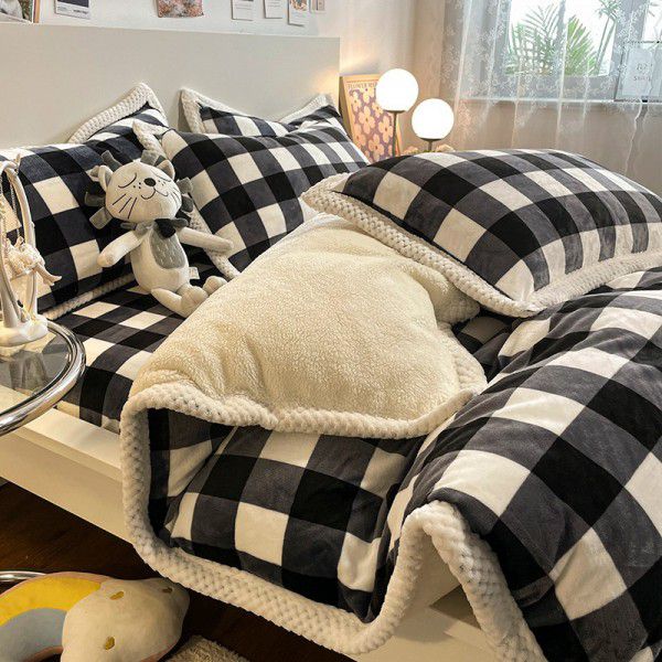 Thickened Milk Cashmere Bed 4-Piece Lamb Cashmere Checker Quilt Cover Winter Coral Cashmere Bedding Piece 3-Piece Men's Sheet Set 