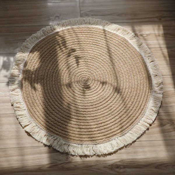 Nordic cotton and linen woven tassel floor mat rope woven French window carpet home stay decoration study teahouse tea table mat round 