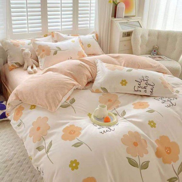 Wholesale of all cotton buffed four piece set of all cotton thickened fitted sheet, bed sheet, quilt cover, bedding, student dormitory three piece set