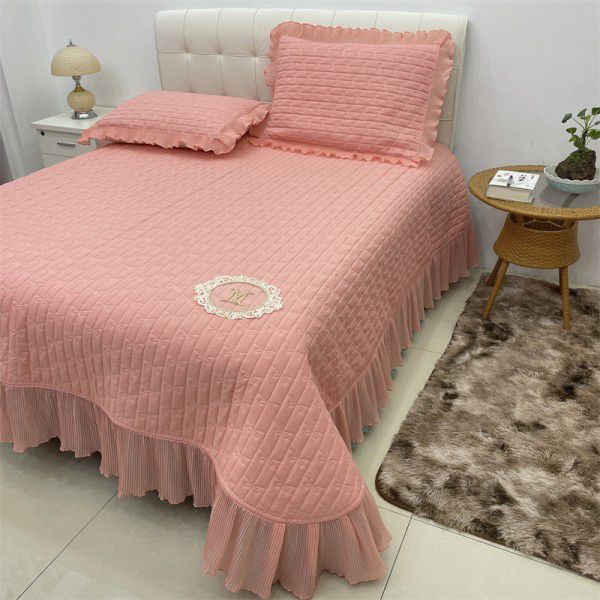 All cotton yarn dyed washed cotton bed cover three piece set of pure cotton quilt princess wind snow spinning lace bed skirt