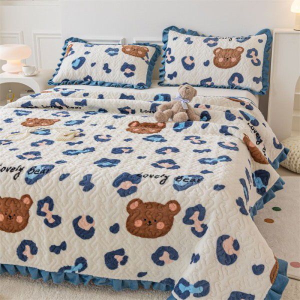 Live broadcast new milk pile bed cover three piece set, cotton mixed thick pile bed sheet, lace cover blanket, wholesale and distribution 