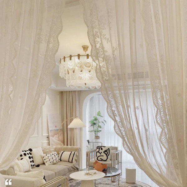 French lace aesthetic gauze curtain American garden curtain bedroom balcony partition vintage white gauze half curtain wavy lace 