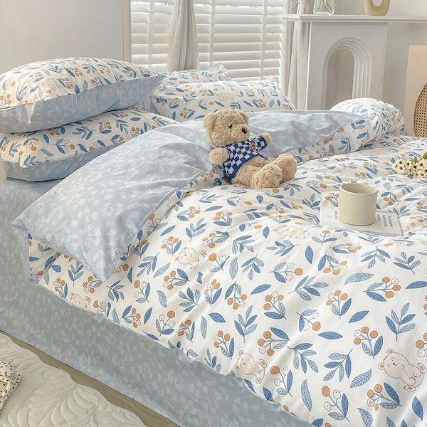 Ins style pure cotton bedding four piece set 100 cotton cartoon dormitory bed sheet three piece set children's fitted sheet quilt cover 