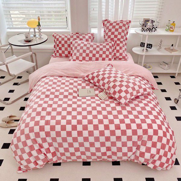 Milk velvet four piece set checkerboard thickened warm bed sheet Fitted sheet Bedding set One piece wholesale 