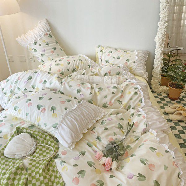 Korean/ins Tulip Bed Skirt 4pc Set Autumn and Winter French Lace Little Flowers Bedding Sheet Cover 3pc Set Wholesale 