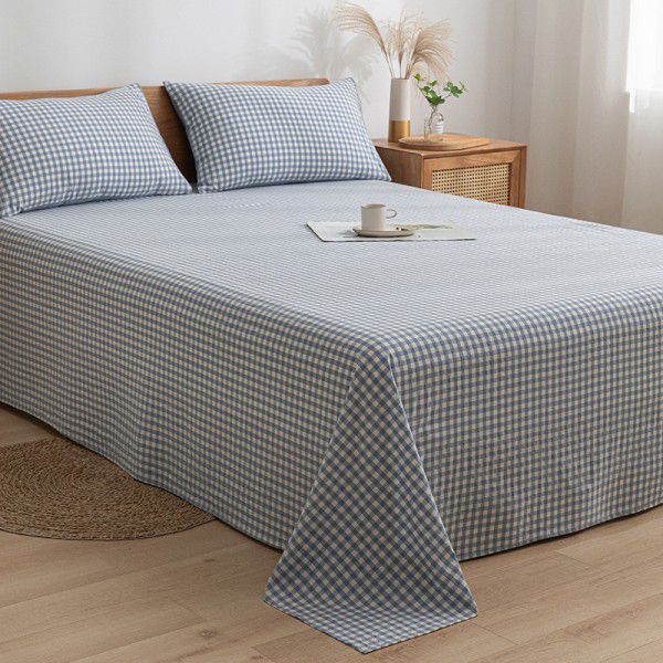 Japanese 100% cotton washable cotton bed sheet single piece summer cotton single dormitory quilt sheet plaid pillow case three piece set 