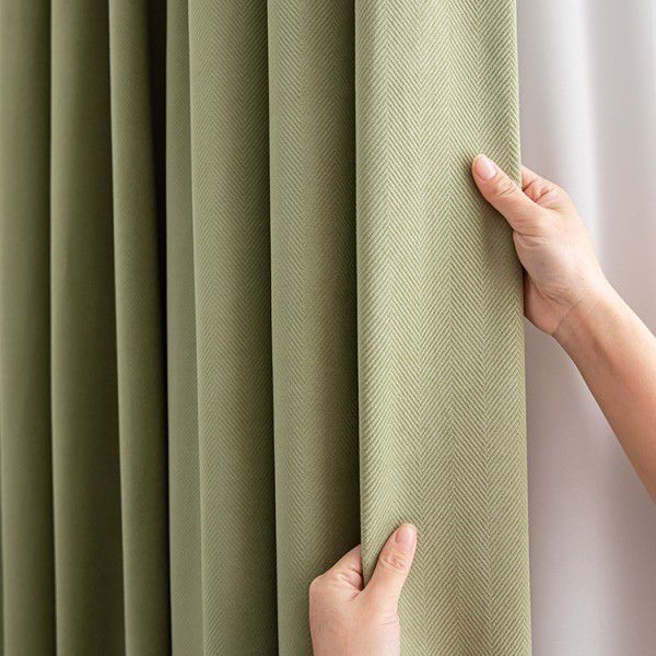 Herringbone texture Matcha green curtain small red book living room bedroom shading velvet curtain cloth Nordic retro 