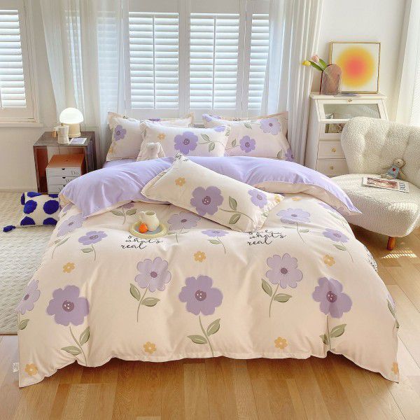 Wholesale all cotton thickened four piece set, all cotton brushed three piece set, student dormitory bed sheet and quilt cover, one for distribution 