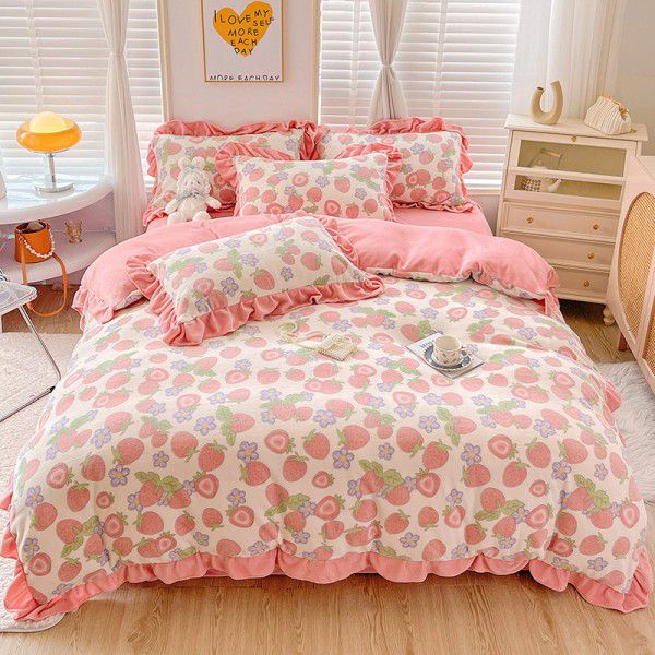 Korean version small fresh milk velvet four piece winter new princess style plush thickened sheets and quilt covers wholesale manufacturer