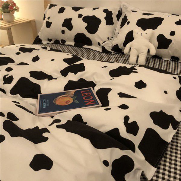 Factory direct sale cow black and white spot wash cotton four piece set ins simple nordic quilt cover 1.8 bed sheet for bed 