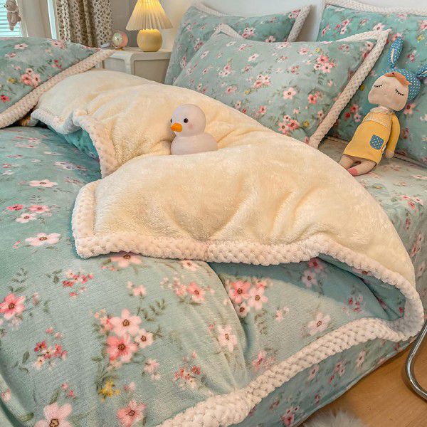 Ins Winter Milk Wool 4-Piece Rabbit Wool Quilt Cover Sheet Pastoral Warm Upset Double Sided Wool Bedding 4 