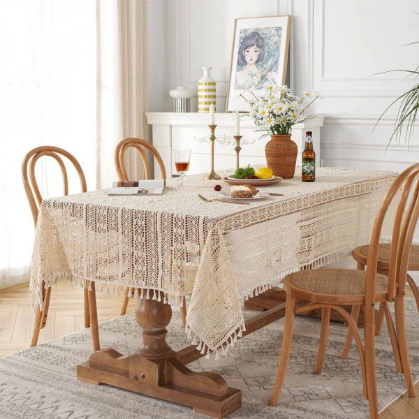 French wide straight edge pastoral crochet hollowed out table cloth lace tassel cloth tea table cloth manufacturer wholesale and distribution 