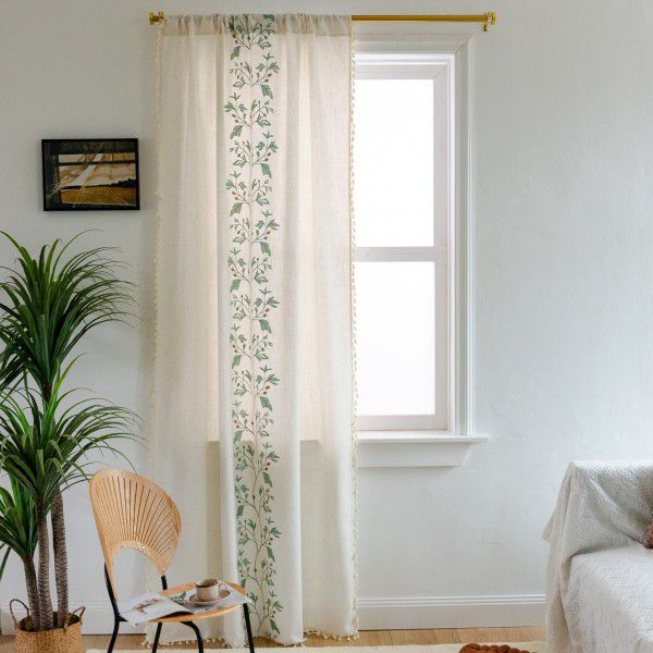 Finished curtains are exclusively provided for Amazon INS cross-border new blue embroidery flowers tassels cotton hemp coffee curtain manufacturers