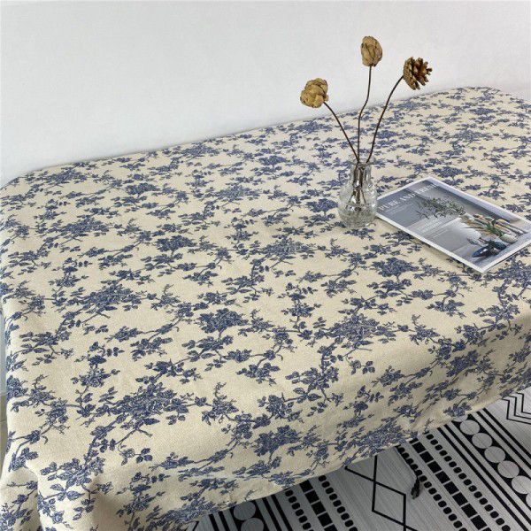 Korean retro blue floral tablecloth ins style rose picnicking cloth background cloth cotton linen tea table cloth 