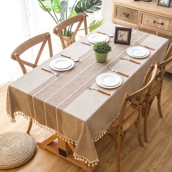 INS Nordic waterproof jacquard imitation cotton and linen embroidered tassel tablecloth lace geometric rectangular table tea table tablecloth 