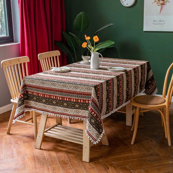 Ins Cross border New Moroccan Style Wool Ball Table Cloth Rectangular Desktop Set Decorative Table Cloth Tea Table Cover 