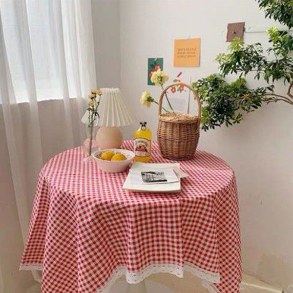 Cotton and linen table cloth, simple lattice, Nordic desk, student dormitory, square lace, cute computer table cloth 