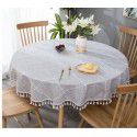 Cross border e-commerce gray big grid tassel imitation cotton linen table cloth round home living room party table cloth wholesale 