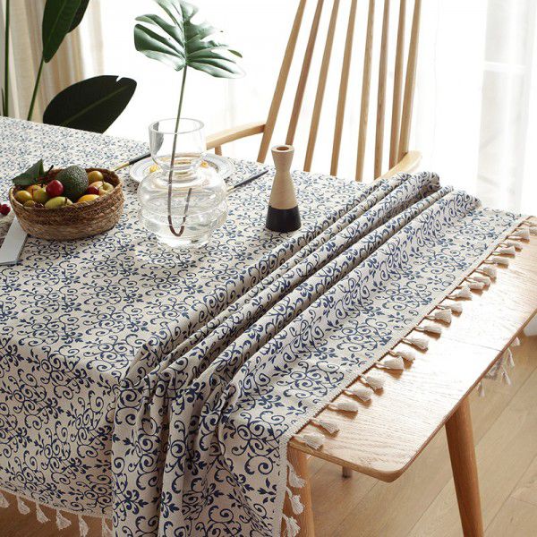 Cloth Papa New Chinese Vintage Blue and White Porcelain Cotton Linen ins Rectangular Table Table Cloth Tassel Table Cushion Tea Table Table Cloth 