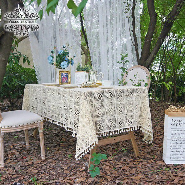 French Lace Table Cloth Vintage Hand crocheted Woven American Garden Table Table Cloth Desk ins Girl Nordic 