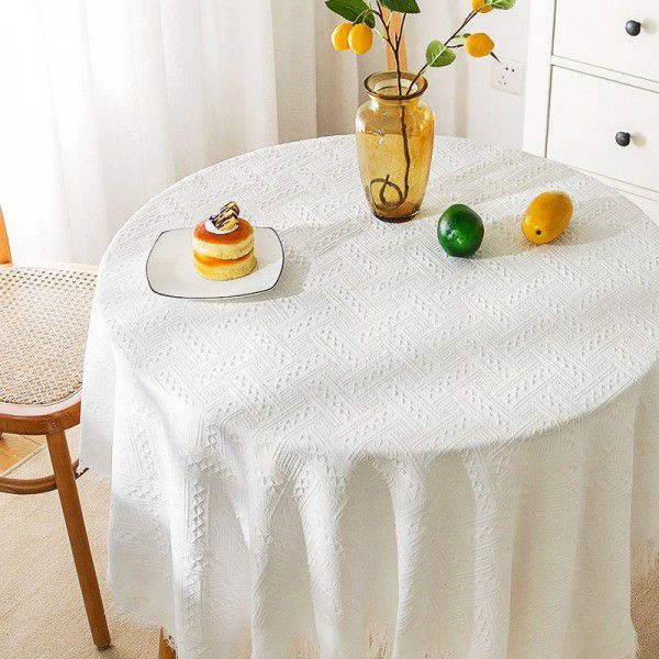 French ins style white table cloth Japanese tea table table cloth Net red photo round table cloth cotton linen table mat cover 