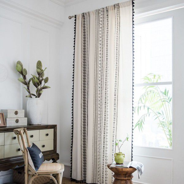 Imanqiyun curtains, finished cotton and linen kitchen curtains, bohemian style black and white printing window curtains