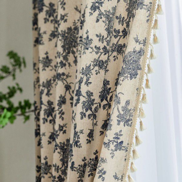 Cross-border North American style curtain finished tassel cotton linen printing balcony window curtain small window perforated coffee half curtain