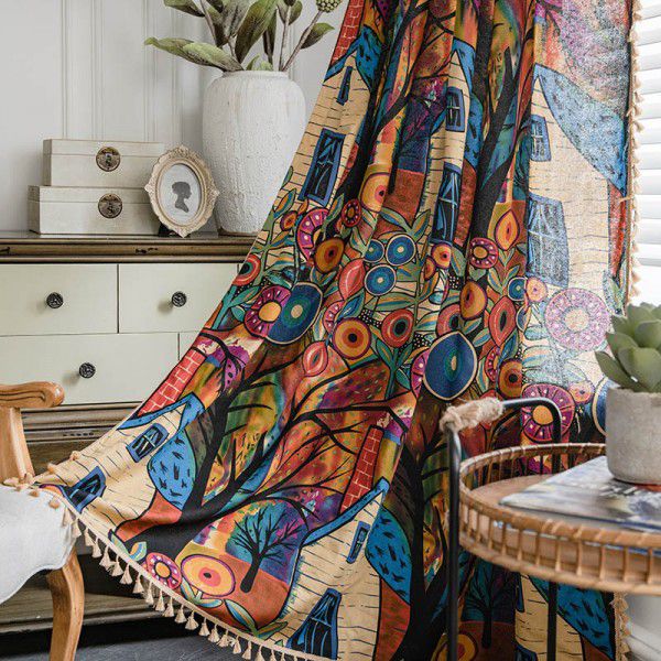 Finished curtains Bohemian farmhouse style dreamy printing kitchen curtain translucent bedroom fabric window partition curtain