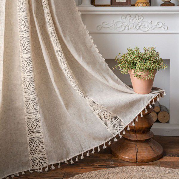 Imanqiyun curtain polyester linen curtain finished solid color hollow out splicing American kitchen curtain semi shading curtain tassel