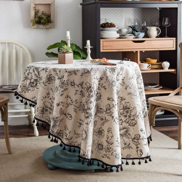 Yimanqiyun tablecloth rose printing tablecloth cotton and linen round cloth small round table INS style 