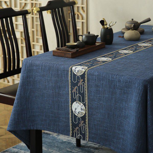 New Chinese Fushou Pine and Crane Cotton Subblue Heather Rice Grey Tea Table Tea Ceremony Zen Long Square Table Cover Table Cloth 