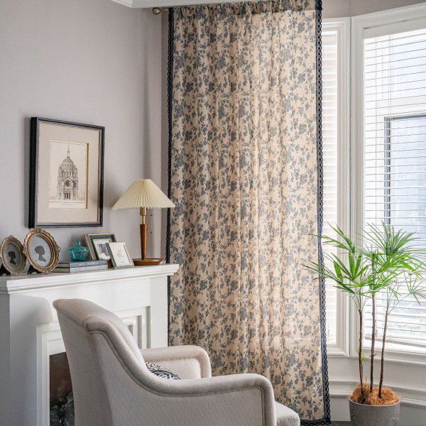 Imanqiyun curtain, finished cotton linen kitchen curtain, American blue rose flower print window, semi-shading