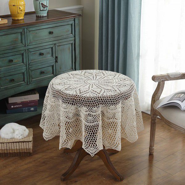 Hand crochet hollowed out white solid color tablecloth Tea table TV cabinet Round table tablecloth Fabric package 