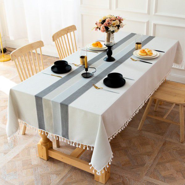 EBay cross-border simple stripe decorative linen tablecloth tassels thickened rectangular wedding table cover tea table wholesale 