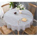 Cross border e-commerce gray big grid tassel imitation cotton linen table cloth round home living room party table cloth wholesale 