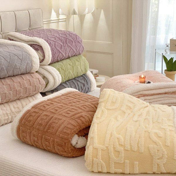 New blanket in autumn and winter of 2022 New taff wool blanket Pure plain color jacquard double layer lamb wool blanket 