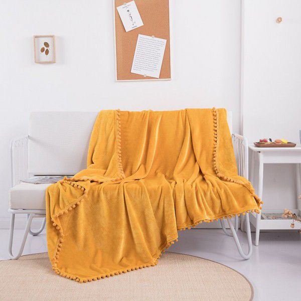 Cross border direct supply tassel ball blanket sofa dormitory blanket gift air conditioning blanket flange color solid wholesale 