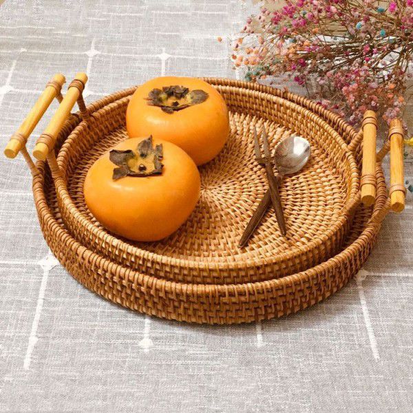 Vietnamese rattan bread storage basket woven storage basket dessert fruit basket round tray picnic basket rattan woven storage basket