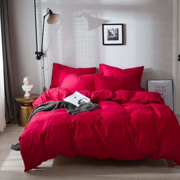 Aifeiyang manufacturer direct selling Nordic simple home textile bright red bedding four piece set solid color three piece set 