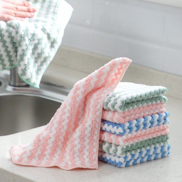 Striped coral velvet dishwashing towel thickened kitchen cleaning absorbent rag household lazy fish scale degreasing dishwashing cloth 