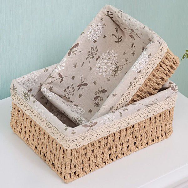 Pastoral tabletop cosmetics storage box tea table remote control storage basket woven imitation straw key snack storage box