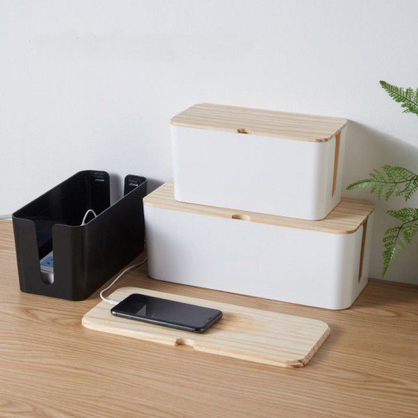 Wholesale wire storage box socket charger wooden cover storage box desktop power cable data cable sorting