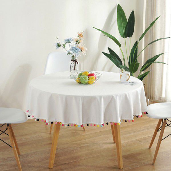 2019 New Colorful Wool Ball Round Christmas Day Decorative Table Cloth Amazon Cotton Linen Table Cloth 