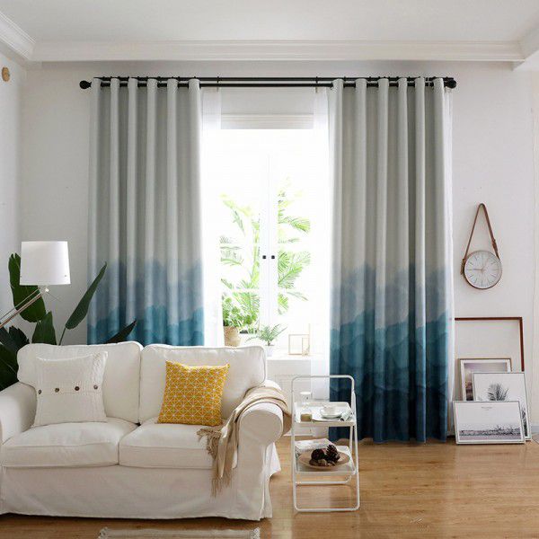 American printed curtain cloth High precision blackout cloth Wholesale living room bedroom simple gradual change blue blackout curtain finished products 